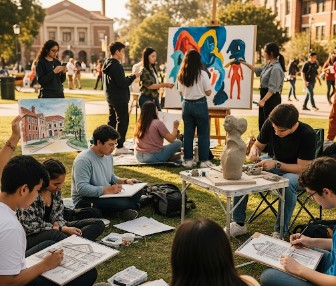 Campus Santa Gráfica con estudiantes compartiendo